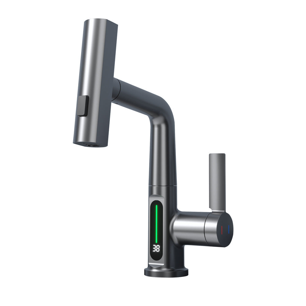 Pull-out basin tap with smart digital display and rotation