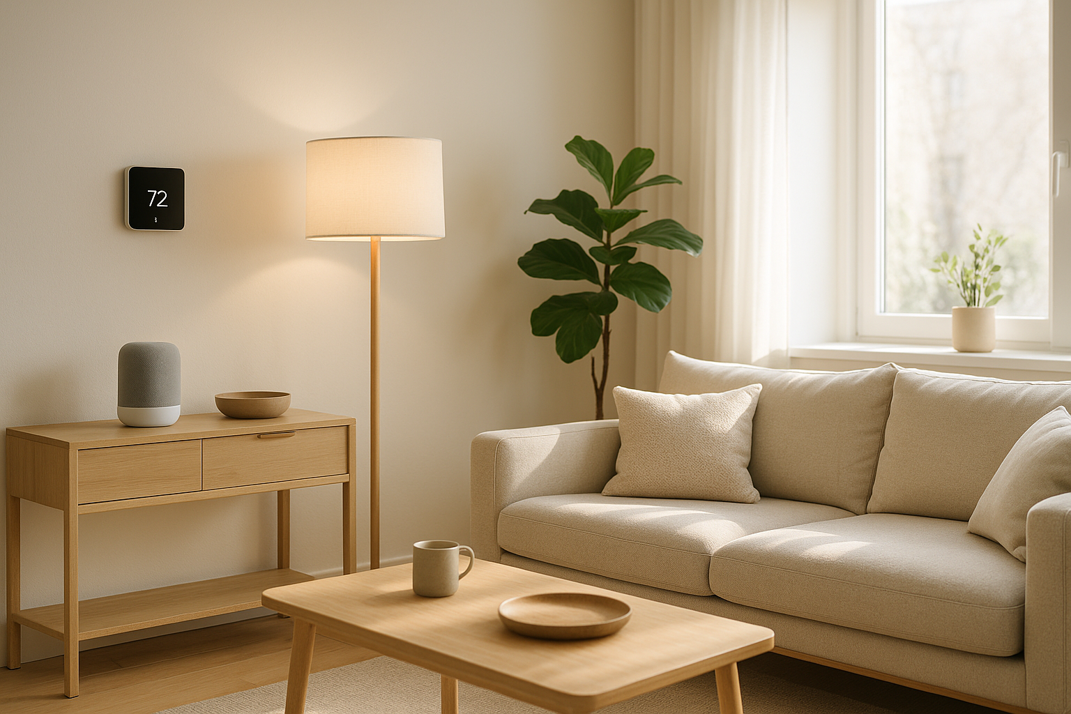 A modern cozy living room with subtle smart home devices (lamp, speaker, thermostat), warm lighting, minimalist Scandinavian design, premium atmosphere, natural light