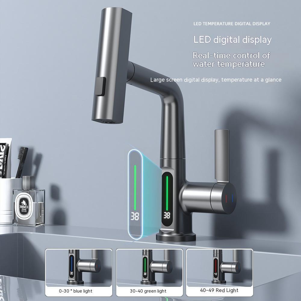 Pull-out basin tap with smart digital display and rotation